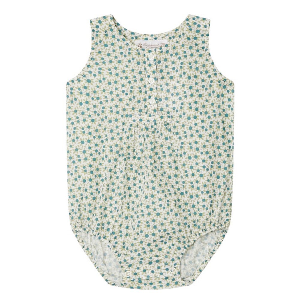 BONPOINT Nico Modern Liberty Floral Print Romper, Turquoise Green 6m